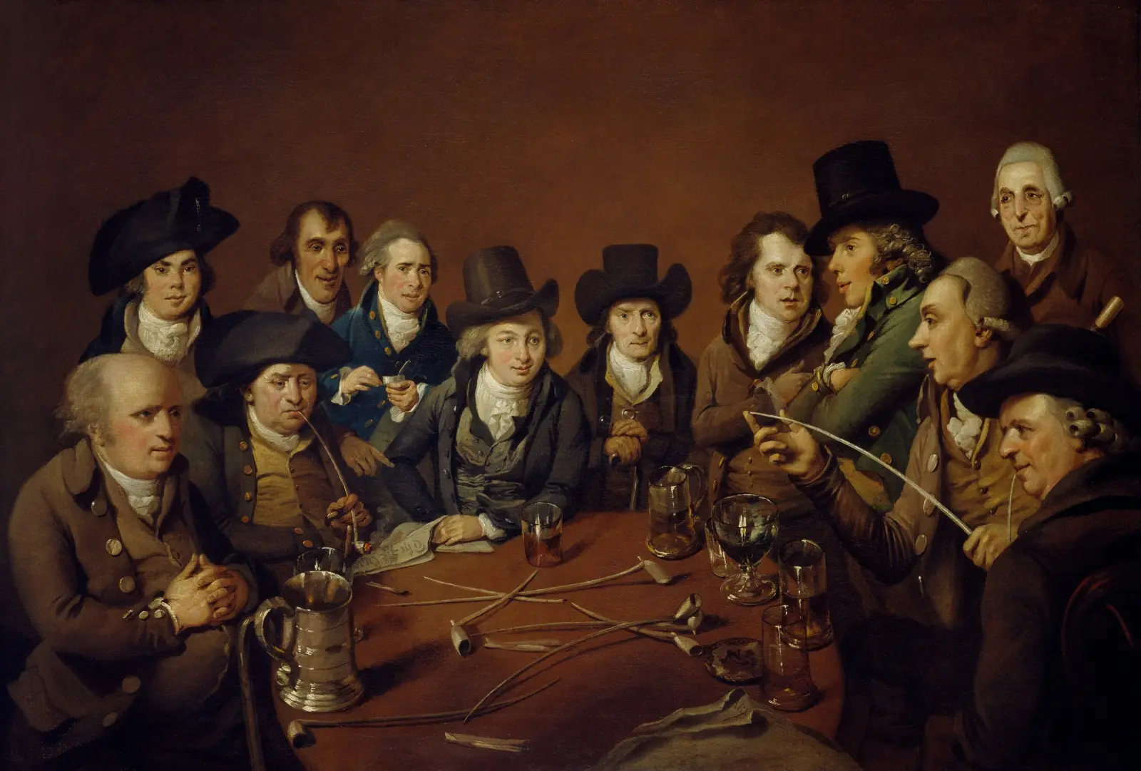 Une douzaine d’hommes débattent autour d’une table de taverne, pipes à la main.
